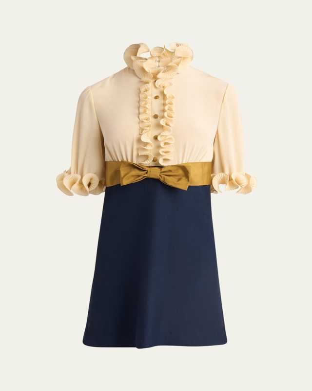 Colorblock High Neck Ruffle Mini Dress with Bow Detail